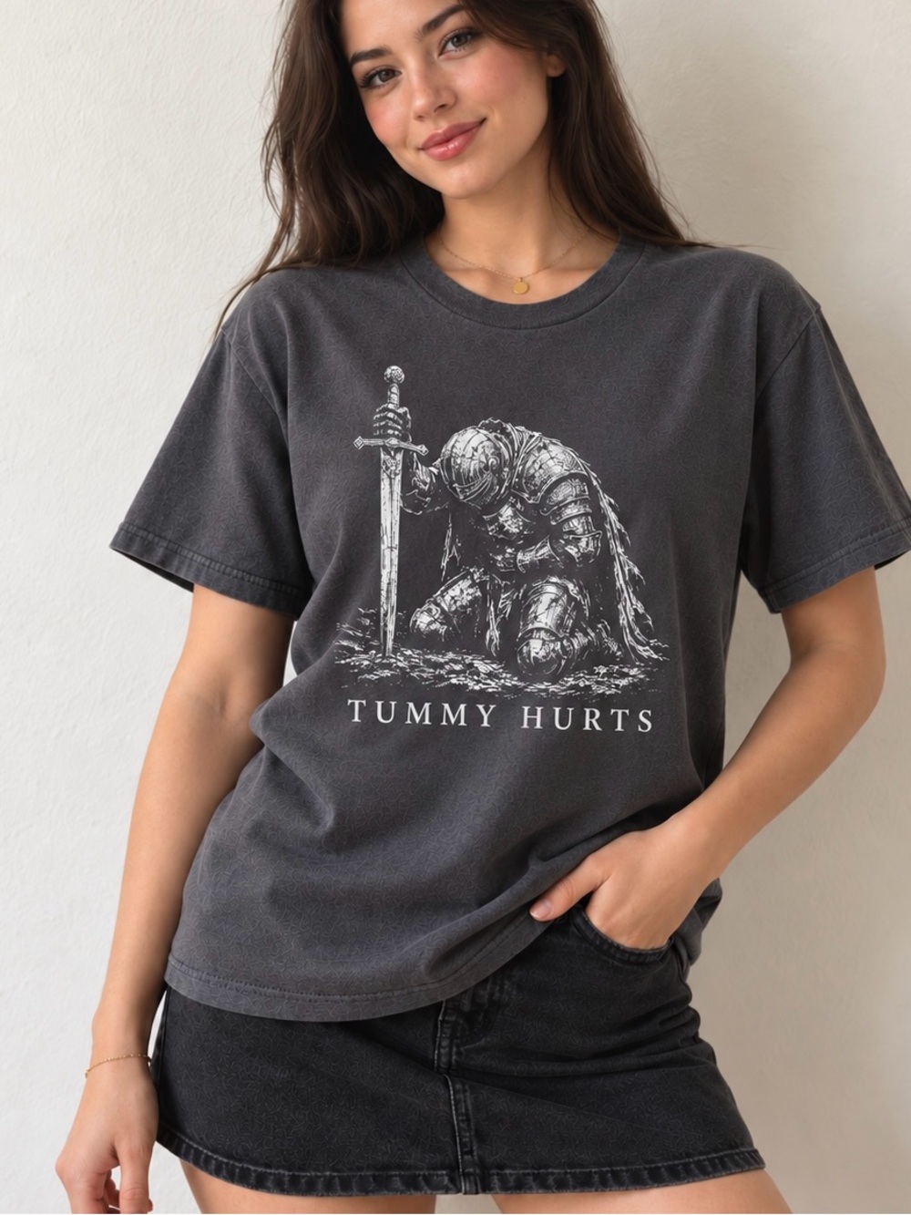 Tummy Hurts Kneeling Knight Charcoal Funny Meme Edgy Aesthetic Tee